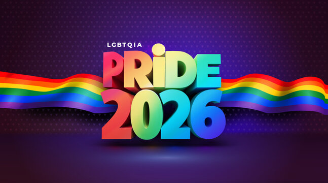 3d volumetric letters Pride Gradient 2026 background LGBTQ. Banner logo lgbtq pride month. Web banner, social. Symbol of pride month june support. Pride month 2026 concept. Vector freedom rainbow flag