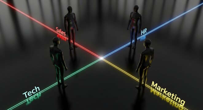 Four black mannequin figures standing in separate quadrants divided by intersecting colored neon light lines.