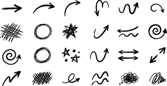 Collection of hand drawn arrows and doodle icons with curved arrow, straight arr