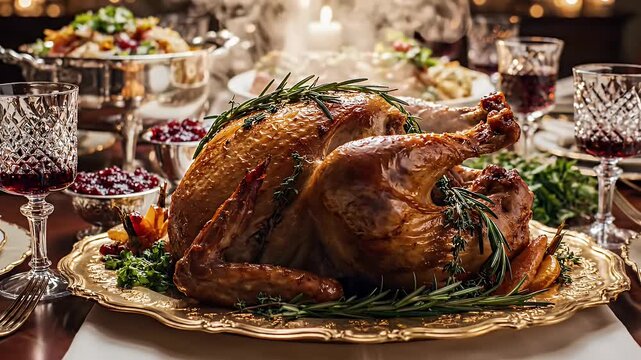 This lavish setting features a beautifully roasted turkey adorned with fresh herbs, resting on an ornate golden platter.