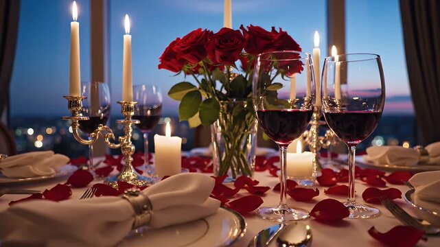 A beautifully arranged dinner table featuring romantic elements, including red rose petals scattered across the white tablecloth, elegant silverware, and wine glasses filled with red wine.