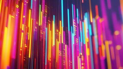 Fototapeta premium Vibrant Abstract Neon Lines and Bars Displaying Dynamic Digital Data and Market Trends with Warm Light