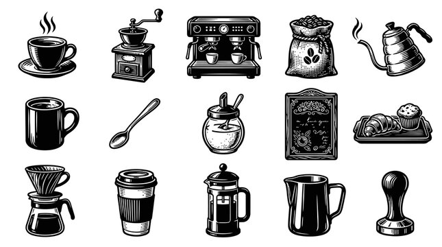 Black and White Engraved Coffee Icons Set. Vintage Food and Drink Line Art Elements and Accessories