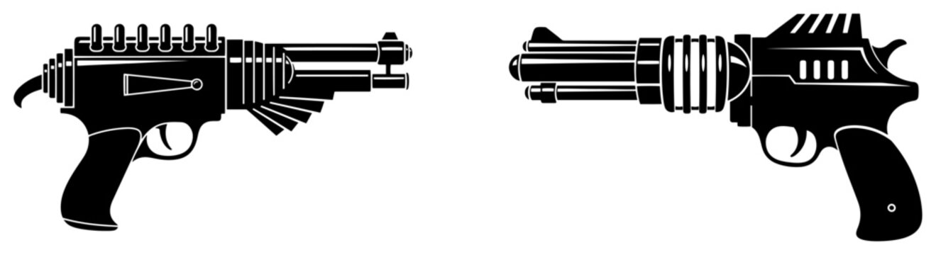 Retro futuristic ray guns and sci-fi blasters in distressed silhouette style