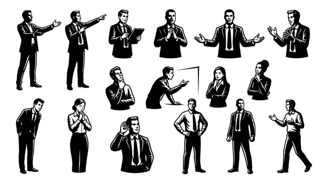 Professional Business People Black and White Line Art Vector Illustration Set with Various Poses