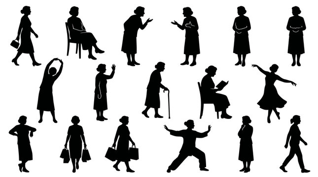 Elderly Women Silhouettes Vector Illustration: Diverse Poses, Activities, and Lifestyles of Senior Females