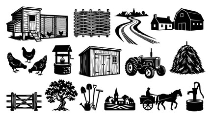 Fototapeta premium Black and White Farm Scene Vector - Rural Village, Tractor, Haystack, Animals, and Tools