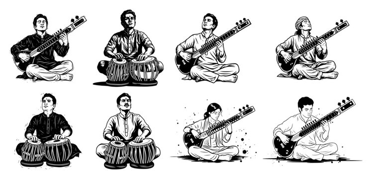 Indian classical musicians playing sitar and tabla instruments in black and white engraving style