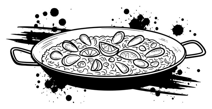 Seafood paella pan with lemon slices and mussels in hand drawn silhouette style