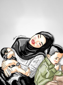 Momy and two children sketch 