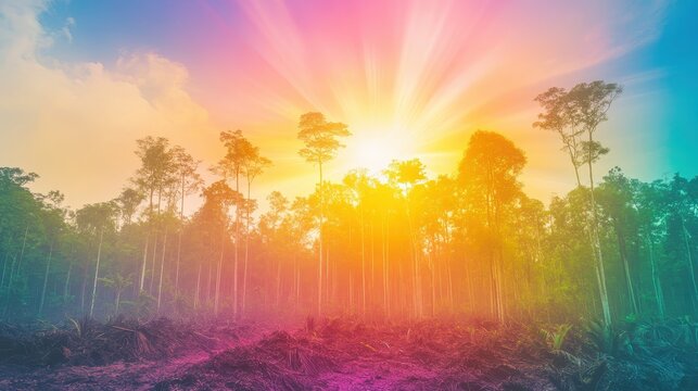Vibrant, colorful sky illuminates a deforested forest floor, highlighting the stark impact on wildlife habitats.