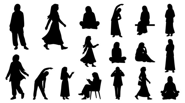 Muslim Women Lifestyle Black Silhouettes in Diverse Poses - Cultural and Diversity Vector Art Collection