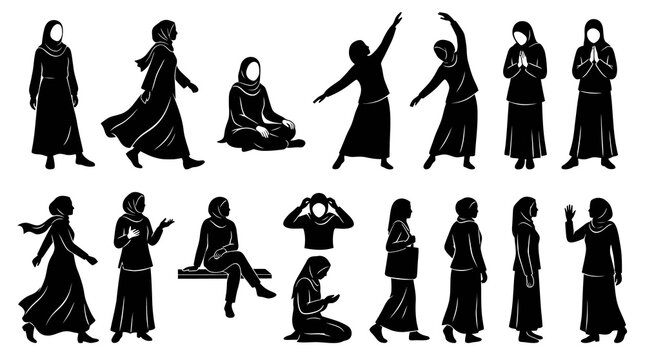 Diverse Hijabi Women Lifestyle Silhouette Collection with Various Poses - Vector Stock Asset