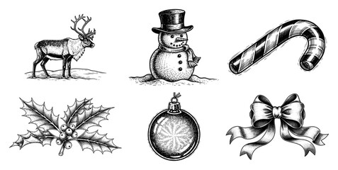 Christmas holiday icons including reindeer snowman candy cane and holly in vintage engraving style © Logan