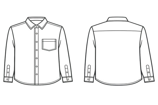 Urban Minimalist Button Shirt Vector CAD Modern Front and Back Apparel Technical Line Art Mockup Template 