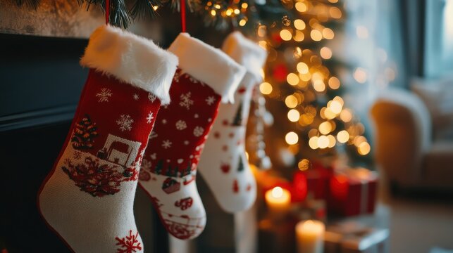 Traditional Christmas stockings filled with anticipation hanging near a warm, glowing fireplace