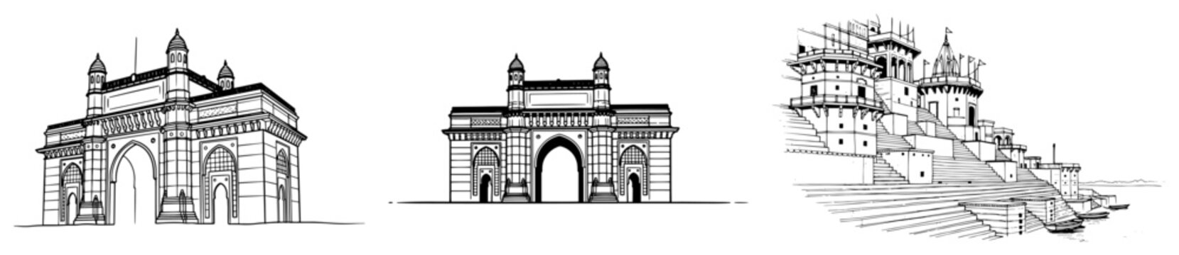Gateway of India and Varanasi ghats landmarks in black and white sketch style
