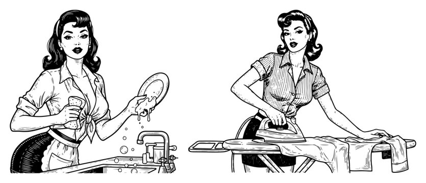 Retro 1950s housewives washing dishes and ironing clothes in vintage comic book style
