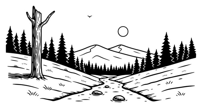 Mountain landscape with river and pine forest in black and white line art style