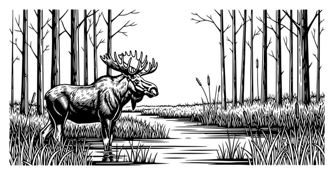 Wild moose standing by river in forest landscape vintage engraving style