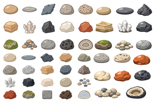 Cartoon Stone and Rock Icons Set &mdash; Assorted Pebbles, Minerals, Crystals and Rock Textures