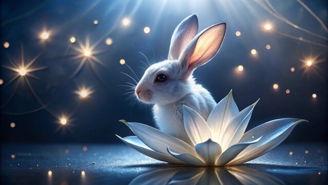 A Serene White Bunny Resting on a Glowing Lotus Flower in a Dark, Mystical Setting with Sparkling Lights
