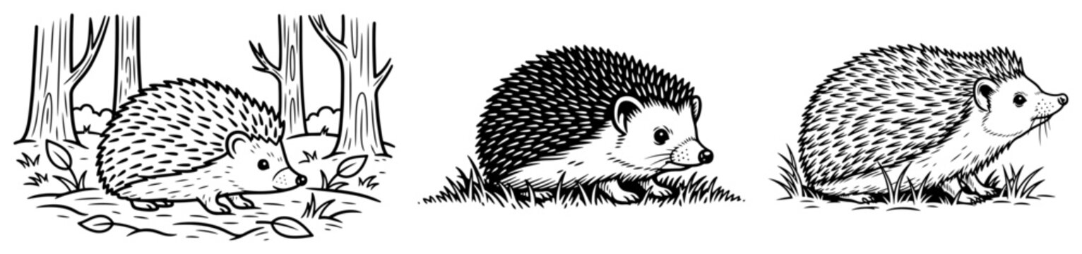 Hedgehogs in various hand drawn styles walking in nature settings