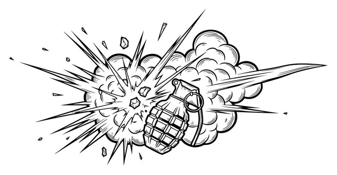 Frag grenade exploding with smoke clouds and debris in vintage engraving style