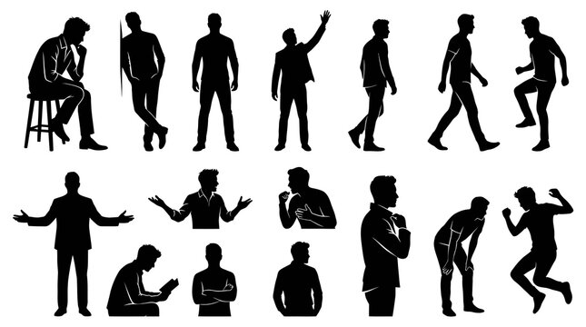 Human Behavior and Business Communication Male Silhouettes Vector Set: Men Posing, Acting, and Expressing Emotions in Black  White Flat Style