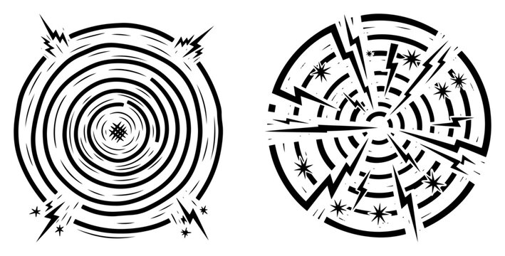 Abstract circular energy patterns with lightning bolts and rays in graphic style