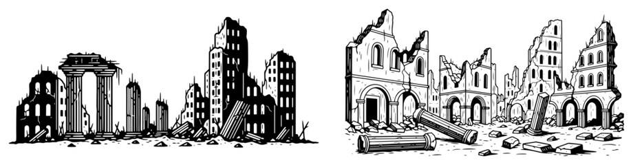 Obraz premium Crumbling ancient columns and ruined buildings landscape in black and white sketch style