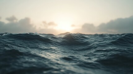 Obraz premium Turbulent ocean waves under a moody sky with a distant setting sun creating dramatic natural beauty.