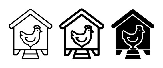 Chicken Coop Icons, Farmhouse Hen House Vector Graphics, Poultry Farm Building Symbols, Simple Outline and Silhouette Styles © Rupali
