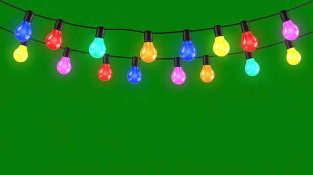 Colorful party light bulbs string animation swinging on a green screen background for video editing chroma key