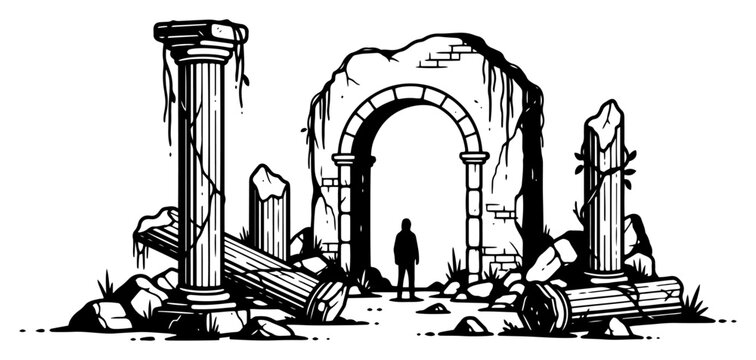 Silhouette of man standing in ancient ruined stone archway monochrome graphic style