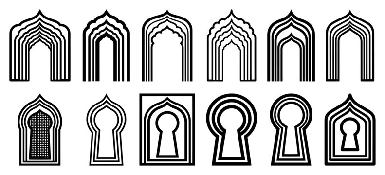 Ornamental archway and keyhole frames collection in minimalist oriental line art style