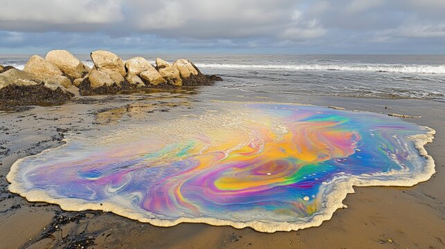 Vibrant oil slick with rainbow colors spreads across polluted coastal waters near rocky shore, showcasing environmental damage.