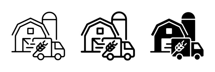 Farm Delivery Icons, Agricultural Logistics, Rural Transport, Grain Truck, Barn and Silo Vector Set © Afrina