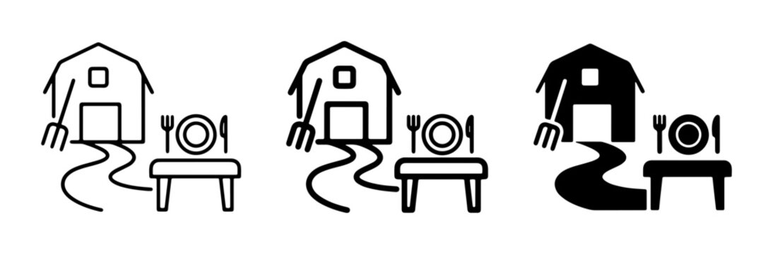 Farm to Table Icons: Barn, Pathway, Table Setting, Pitchfork, Vector Graphics for Organic Food and Rural Dining Experiences