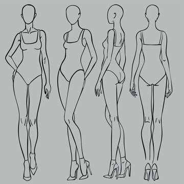 Fashion model sketch with female figure croquis from different angles