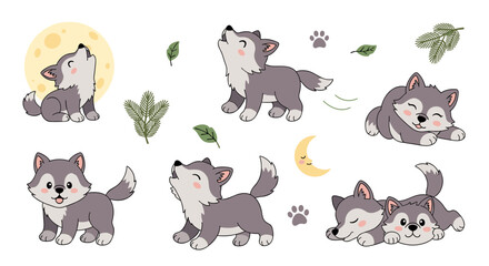 Fototapeta premium Set of cute little wolf cub characters in various poses with moon and leaf elements for nature themes, playful woodland animal vector illustration