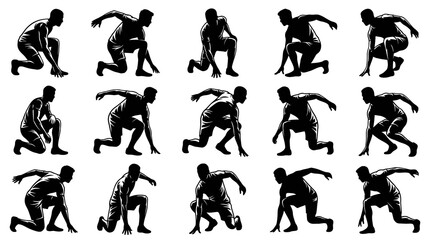 Naklejka premium Silhouette Athletes in Starting Positions, Runner Track Field Sport Black and White Vector Art