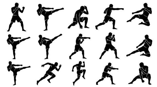 Martial Arts Silhouette Icons: Boxing, Karate, Muay Thai Fighting Poses
