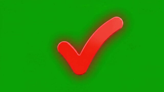 Glowing red check mark icon animation with vibrant pulse effect on a solid chroma key green screen background