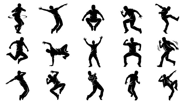 Diverse Silhouettes of Dancers in Dynamic Hip Hop Poses, Black and White Vector Art