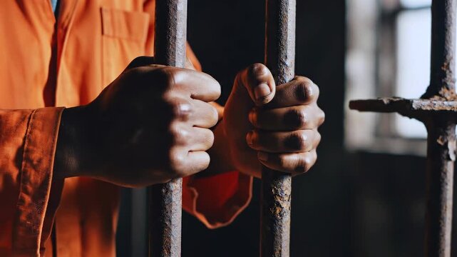 Prisoner gripping cell bars close-up in orange uniform inside jail, showing confinement, custody and criminal justice themes for incarceration, detention, prison reform and legal system media use