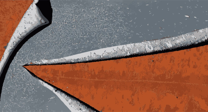 Abstract grunge vector background with rusty metal texture. Industrial geometric backdrop with torn steel edge and orange rust paint scratches for modern urban design and banner