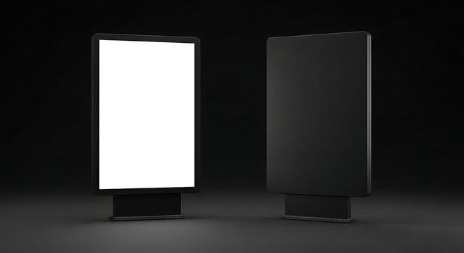 Two vertical digital billboard displays with one illuminated white screen and one blank black panel for outdoor advertising