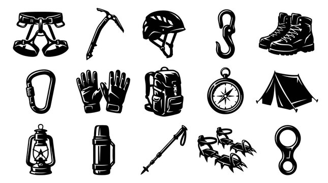 Black and White Vector Icons of Rock Climbing Gear for Adventure Sports