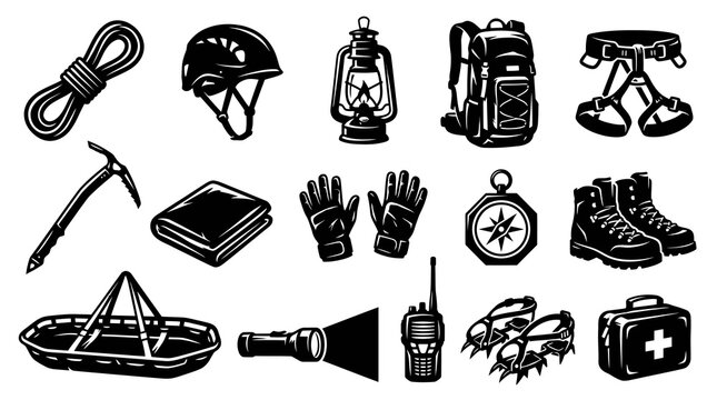 Black and White Vintage Vector Set of Mountaineering and Outdoor Adventure Gear Icons